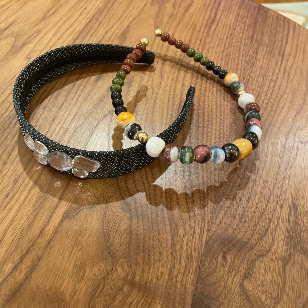 Two Fancy Headbands, Grey with Rhinestones and Multicolor Beaded Stones